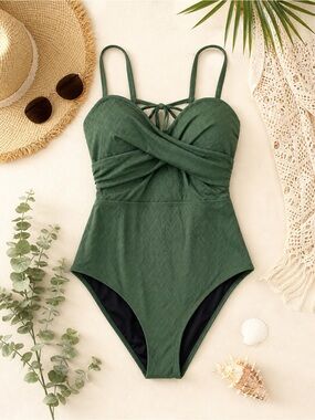 Cupshe Olive Green Textured One Piece Swimsuit XL Twist Front